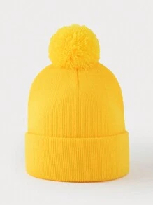 1pc Women's Solid Color Cute Pompom Knit Beanie, Versatile