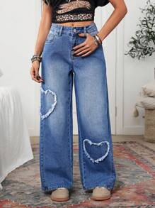 SHEIN LUNE Women's Casual Washed Heart Ripped Hem Wide Leg Jeans - Blue - View 3