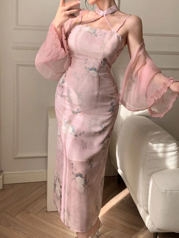 Spring Floral Print Twist Button Decor 2 Pieces Chinese New Year Dress For Women