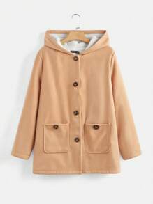 SHEIN EZwear Plus Size Simple Solid Color Double Pocket Button Closure Hooded Thermal Lined Casual Jacket For Autumn/Winter - Camel - View 4