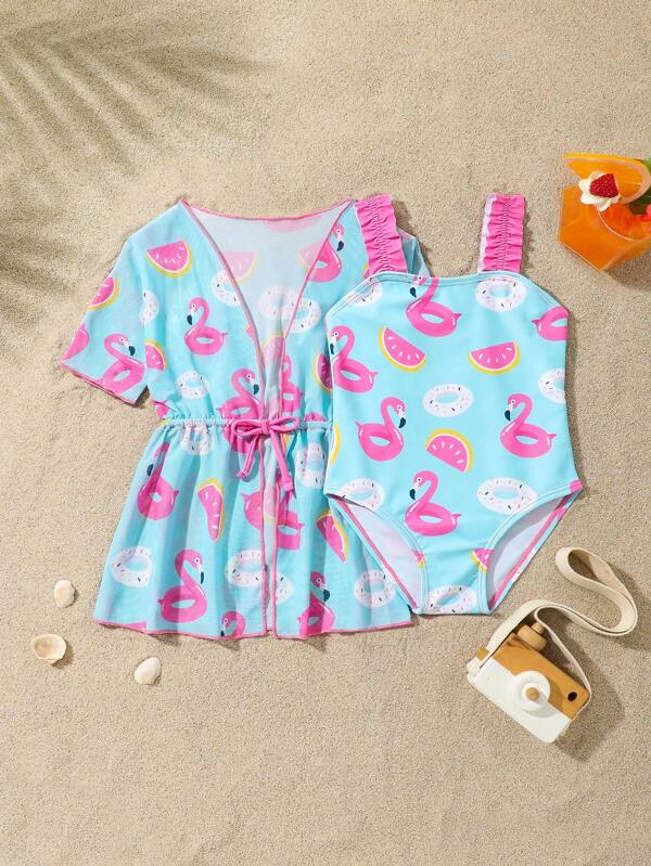 Baby Girl Casual Minimalist Short Sleeve Swimsuit, Everyday Wear