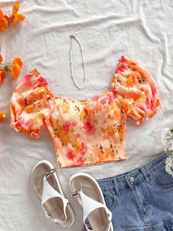 Soleia Blusa corta con cuello de volantes, mangas abultadas y cintura recogida con estampado floral y recortes para vacaciones, Día de San Valentín, boda, cumpleaños y verano para mujer