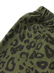 Tween Girls Casual Daily Urban Street Chic Wide Leg Denim Jeans, Green Leopard Print With Elastic Waistband & Adjustable Drawstring