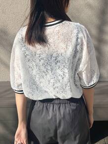 FRIFUL Women Loose Round Neck Color Block Print Blouse - White - View 3