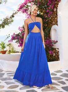Vivid Eden Ladies' Solid Color Halter Neck Hollow Out Sleeveless Dress - Royal Blue - View 5
