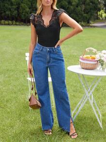 SHEIN VCAY Ren tương phản áo tay bướm Áo thun - màu đen - Xem 6