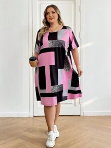 SHEIN CURVE+ Plus Size Women's Asymmetrical Color Block Patterned Splice Print Casual Round Neck Short Sleeve Knee-Length Dress, For Summer