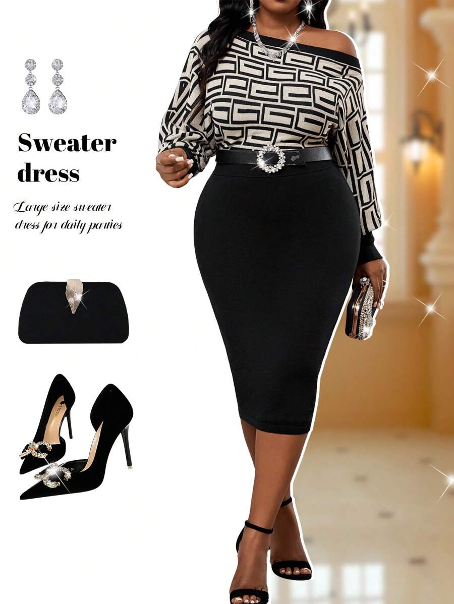 SHEIN Lady Autumn And Winter Elegant Black Worsted Pencil Midi Plus Size Sweater Dresses - Multicolor - View 1