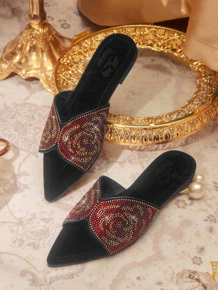 CUCCOO TILAWA New Ladies Flat Sandals, Pointed Toe Fashion Colorful Rhinestone Velvet Slippers, Soft-Sole Casual Comfortable Party/Commute Shoes For Summer Spring Shoes