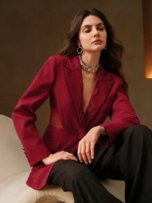 Anewsta Women's Lace Patchwork Hollow Out Blazer - Burgundy - View 3