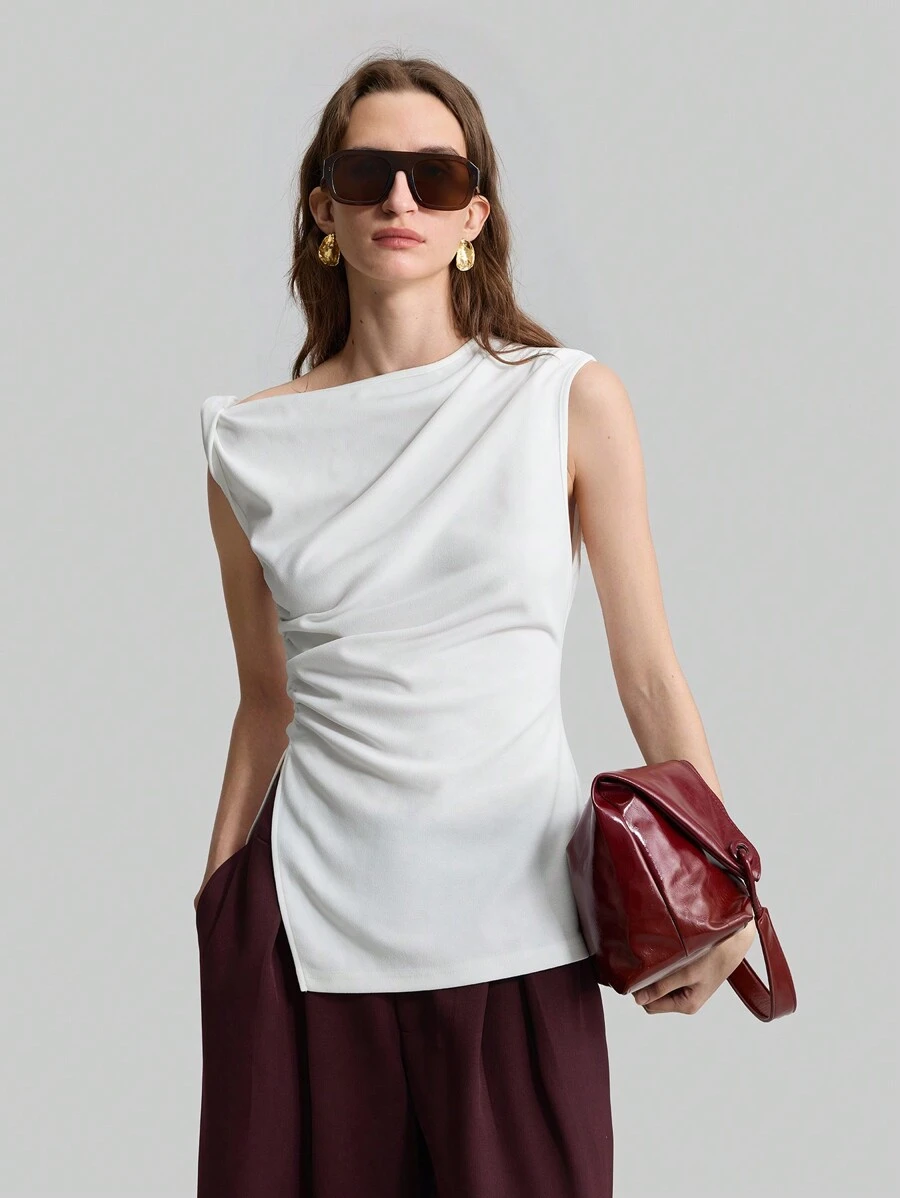 Ontre 2 件套女式扭肩优雅 T 恤上衣，侧缝褶饰开衩腰部，2025 年春夏新品