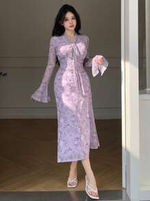 DAZY Women All-Over Floral Print Tie-Wrap Midi Dress,Ruffle - Blue - View 7