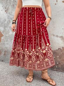 Breezaya Plus Size Gold Foil Printed Casual Skirt