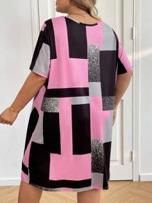 SHEIN CURVE+ Plus Size Women's Asymmetrical Color Block Patterned Splice Print Casual Round Neck Short Sleeve Knee-Length Dress, For Summer