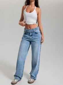 EURMUSE HIGH RISE STRAIGHT BLUE JEAN WITH BELT - Medium Wash - View 3