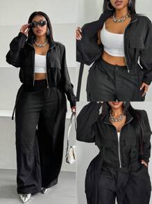 Maweii Set casual da 2 pezzi, composto da top con chiusura lampo e manica lunga di colore unito e pantaloni lunghi, per taglie comode