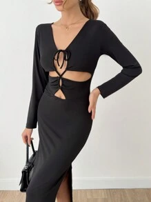 EURMUSE BLACK MIDI SEXY ELEGANT CUT OUT MIDI DRESS - Black - View 5