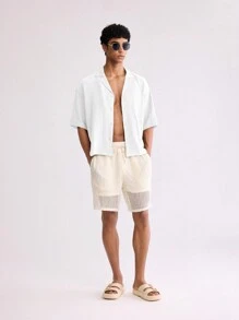 Forever 21 Áo sơ mi nam cắt gấu vuông rộng thùng thình seersucker màu xanh lá cây - trắng - Xem 5