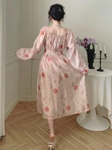 DAZY Vestido floral de gasa con escote cuadrado, mangas farol, cintura recogida y fluido para vacaciones de verano