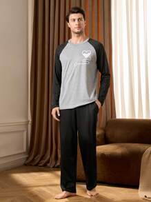 2pcs Men's Color Block Raglan Sleeve Top And Pants Loungewear Set