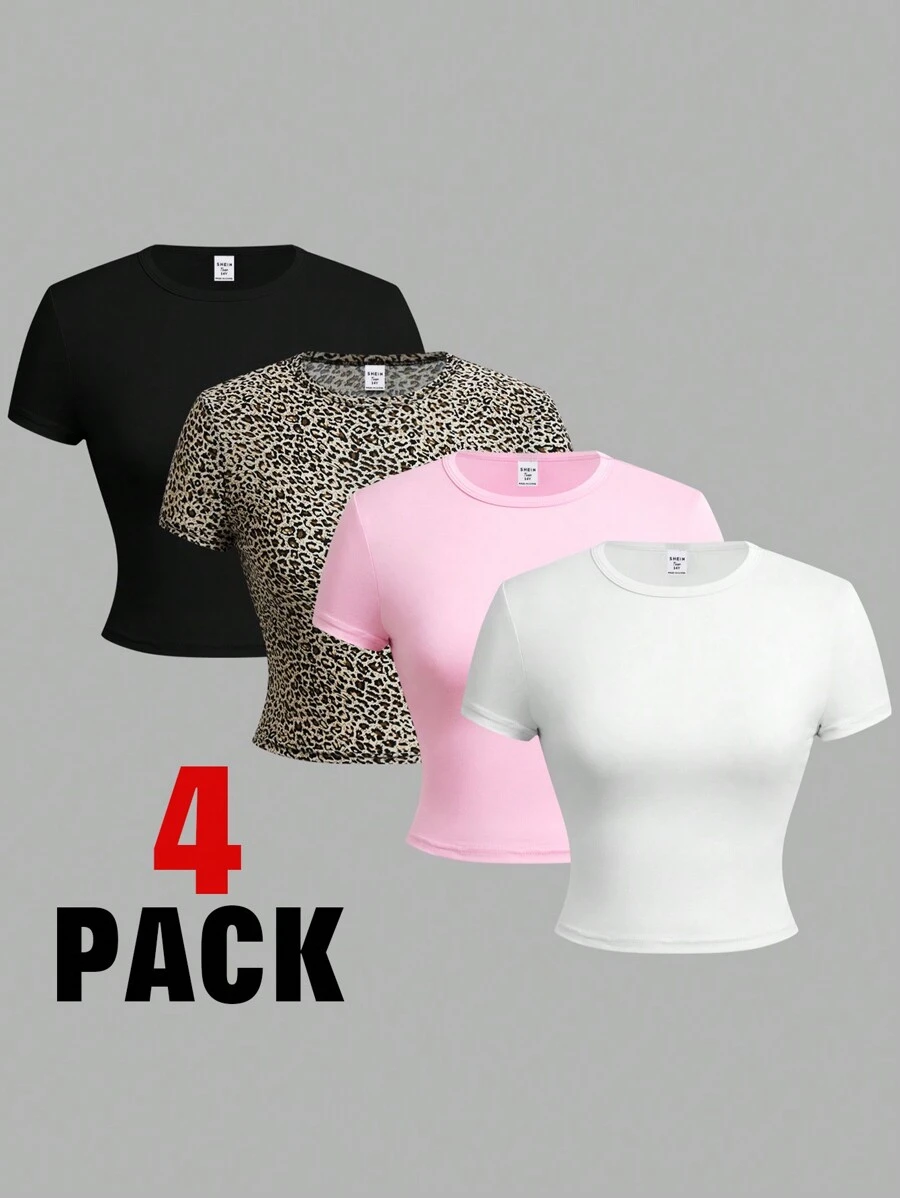 Girlism Teen Girl 1 Get 3Free 4pcs/Set ,Casual Round Neck Short Sleeve Leopard Print Tight T-Shirt, Summer - Multicolor - View 1