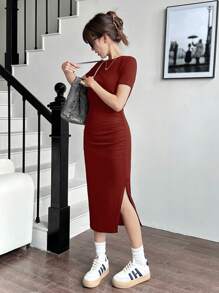 SHEIN Teen Girls' Ribbed Waist Ruched Split Casual Knit Dress, Valentine's Day - Burgundy - View 5