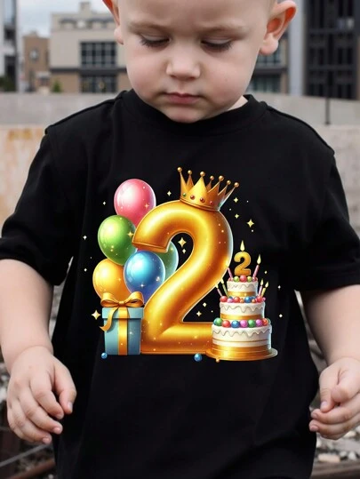 SHEIN Baby Boy Casual Colorful Balloon, Birthday Cake, Numeral Print Basic Short Sleeve T-Shirt, Fashion & Stylish