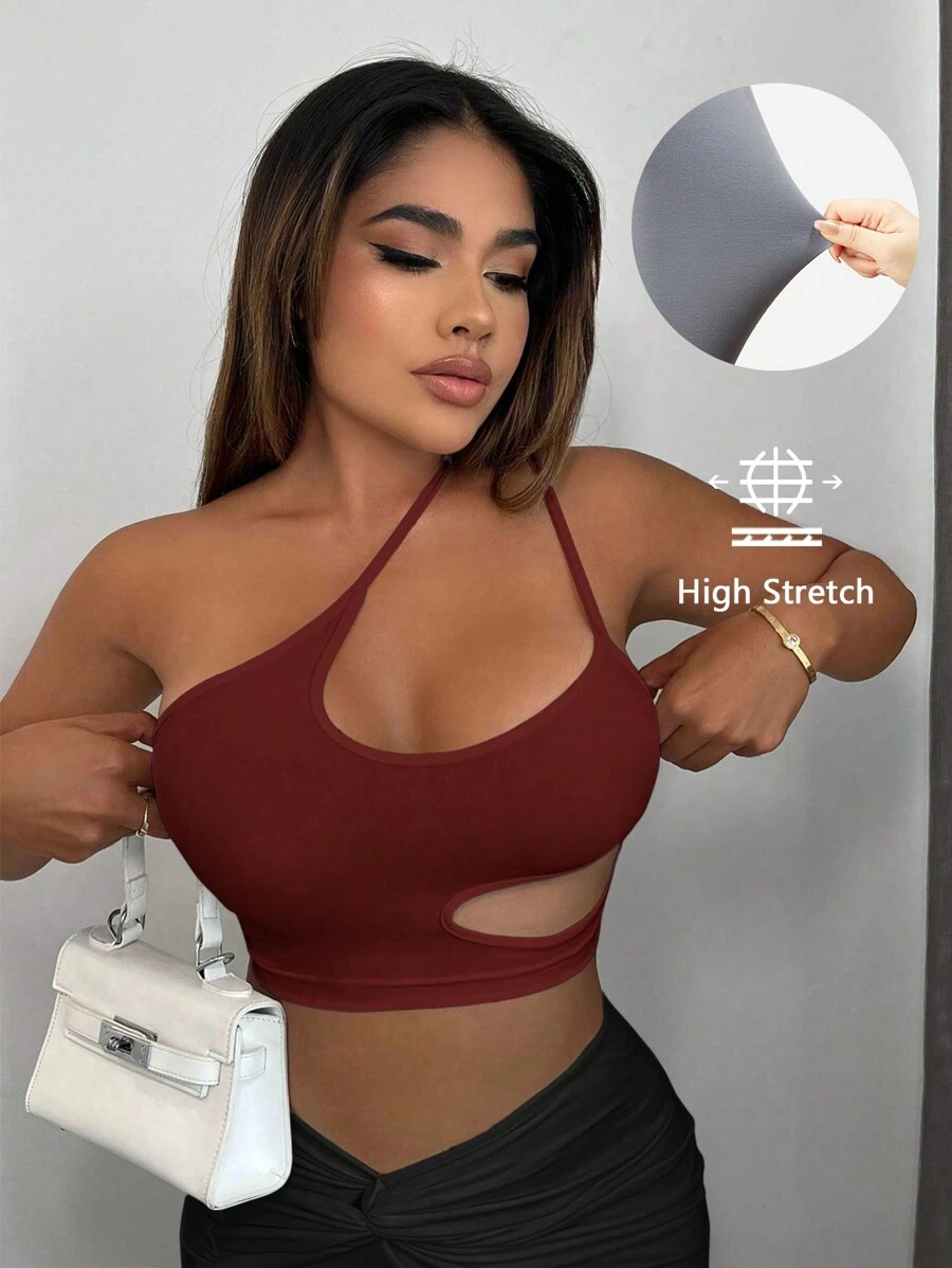 SHEIN SXY Femmes Top Court Asymétrique à Col Découpé sans Manches - Rouge foncé - Voir 1