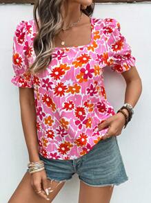 Breezaya 女士花卉印花休闲方领泡泡袖衬衫 - 粉色 - 查看 5