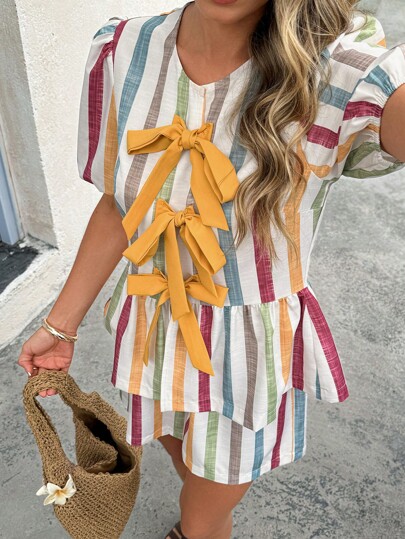 SHEINBlues 2pcs Vacation Style Women Striped Print Round Neck Ruffle Hem Short Sleeve Top And Shorts Set