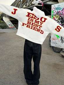 Men's Slogan Graphic Print Long Sleeve Casual Hoodie - White - View 1