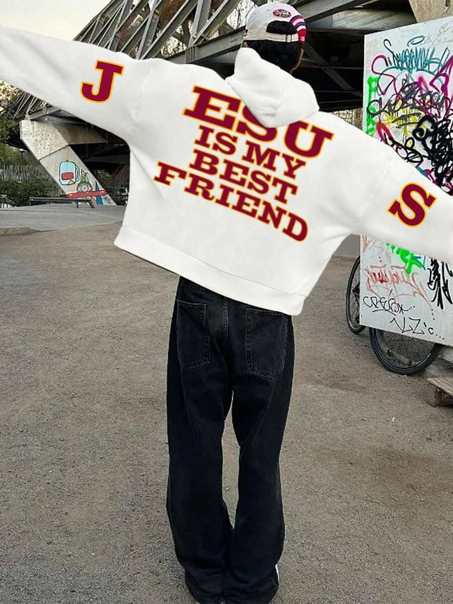 Men's Slogan Graphic Print Long Sleeve Casual Hoodie - White - View 1
