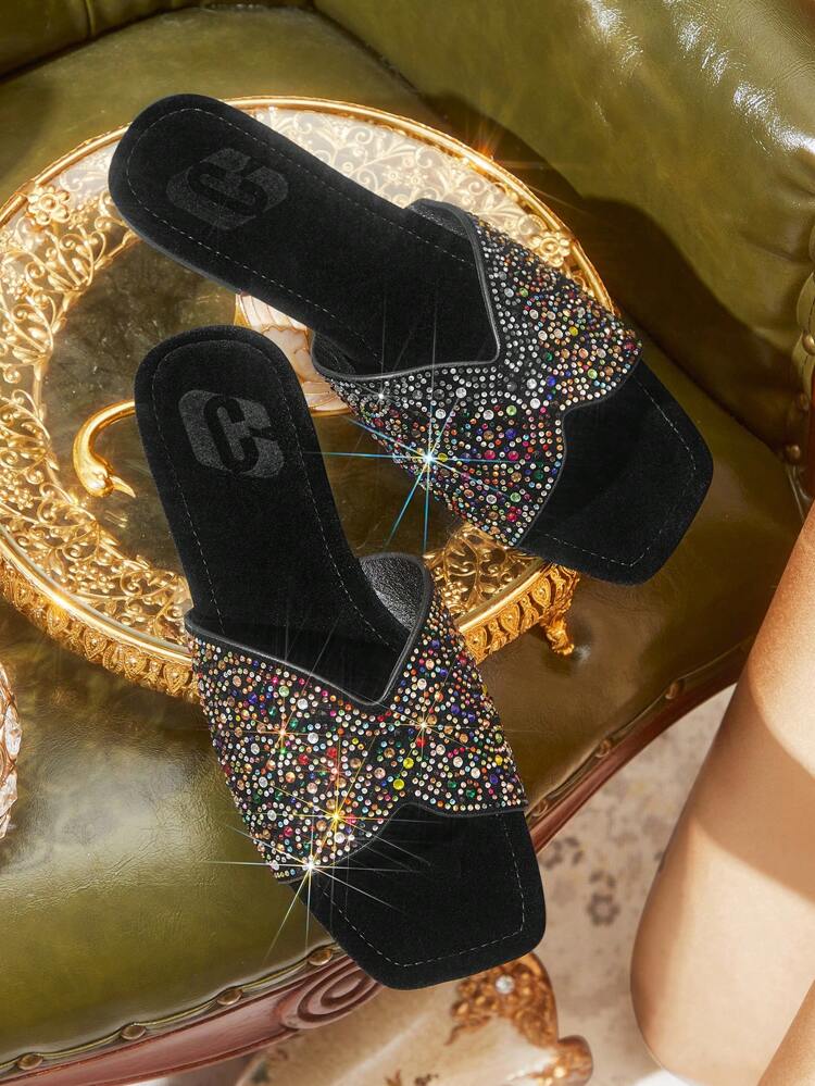 CUCCOO TILAWA 新作 アウトドア レディース フラットサンダル、尖った先 ファッション カラフル ラインストーン ブラック ベルベット スリッパ、ソフト カジュアル 快適 パーティーと仕事 夏用シューズ
