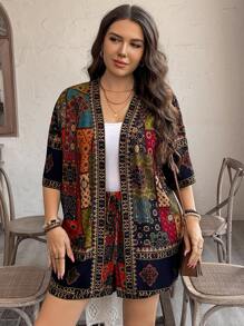 SHEIN LUNE 大码女式花朵短袖和服上衣和短裤两件套，女式西装，波西米亚风，嬉皮士风，女牛仔装，波西米亚风，女士夏季服装，春假服装夏季波西米亚风复古风女士夏季服装春假狂欢服装节日春假服装 - 彩色 - 查看 3