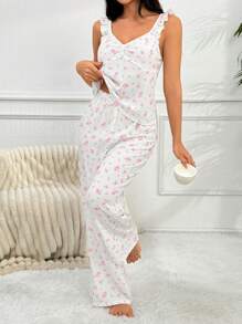 Women's Ditsy Floral Ruffle Hem Top And Long Pants Pajama Set - Beige - View 4