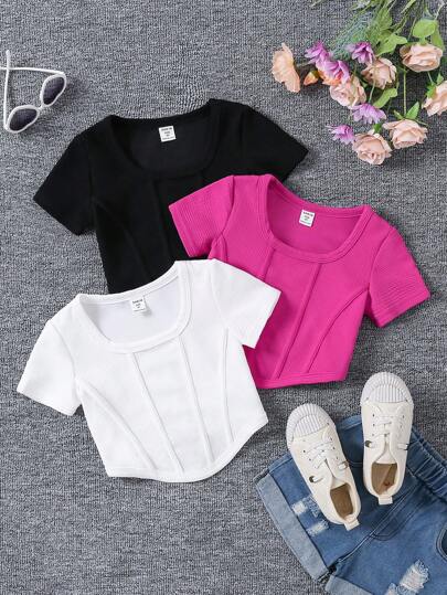 SHEIN 1+2 Set Girls Casual Fashionable & Cute T-Shirts, Daily Wear