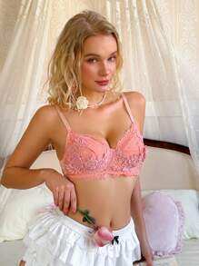 Lace Embroidery Decoration Gather Push-Up Comfortable Underwire Romantic Ladies Lingerie Bra - Dusty Pink - View 3