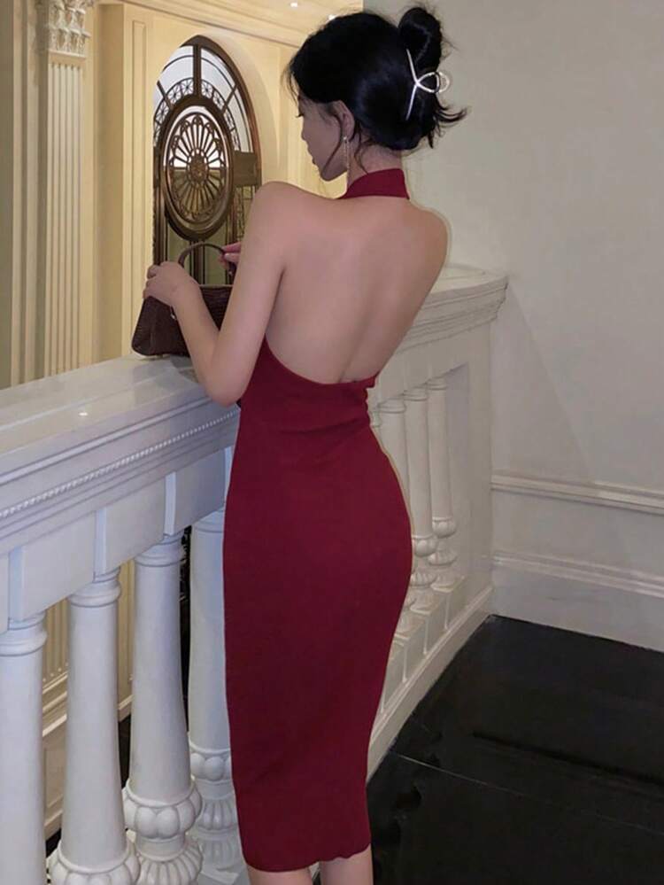 Women's Solid Color Halterneck Wrapped Backless Mid-Length Sweater Dress, Spring/Summer Prom Dress Maxi Dress