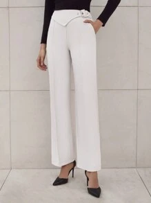 EURMUSE 女士商务直筒裤，配有金属扣装饰和侧拉链，优雅 - 白色 - 查看 1