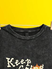 Rey Studio Artist Loose Fit Women Crew Neck T-Shirt With Sun, Skull, Black Vintage Washed Design, Suitable For Spring And Summer - Black - View 4