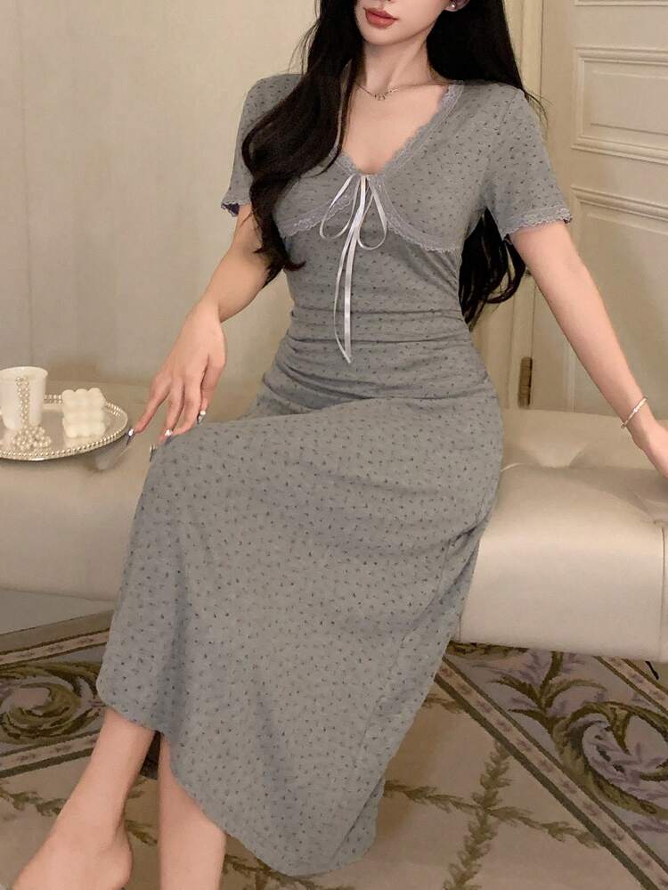 Bowknot Decor Ditsy Floral Lace Patchwork Waist Cinched Long Nightgown,Back To School Clothes Pajama