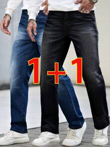 Manfinity Homme Men's Straight Leg Casual Jeans With Pockets, Versatile - Dark Wash - View 1