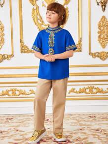 SHEIN Tween Boy Casual Geometric Print Short Sleeve Stand Collar Shirt, Suitable For Autumn, Spring, Summer - Outdoor Play, School, Street Style, Party, And Leisure - Blue - View 6