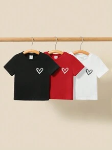 SHEIN 3pcs/Set Casual Versatile Heart Print Short Sleeve T-Shirt Tops, For Baby Girls - Multicolor - View 1