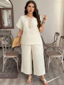 SHEIN LUNE Plus Size Chillax Mother's Day Cozy Fit Women Military Green-Color Casual Decorative Collar Summer Western Wear Women Boho Bohemian 90s Clothes Festival Modesty Clothes Women Outfits Western Wear Women Cowgirl Outfit Boho Bohemian Country Summer Boho Old Money Summer Outfits For Women Rave Outfits Festival Outfits Slouchy Casual Style Bohemian 2pcs/Set - Beige - View 6