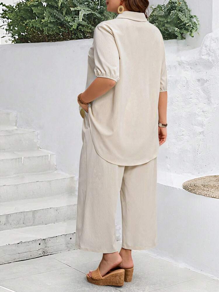 2pcs/Set Plus Size Women Summer Single-Breasted Short Sleeve Blouse And Wide Leg Pants