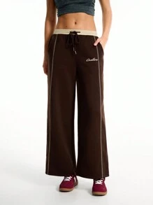 SHEIN EZwear Women's Spring/Summer Back To School Game Day Knit Contrast Piping Comfortable Brown Straight Leg Wide Leg Sweatpants