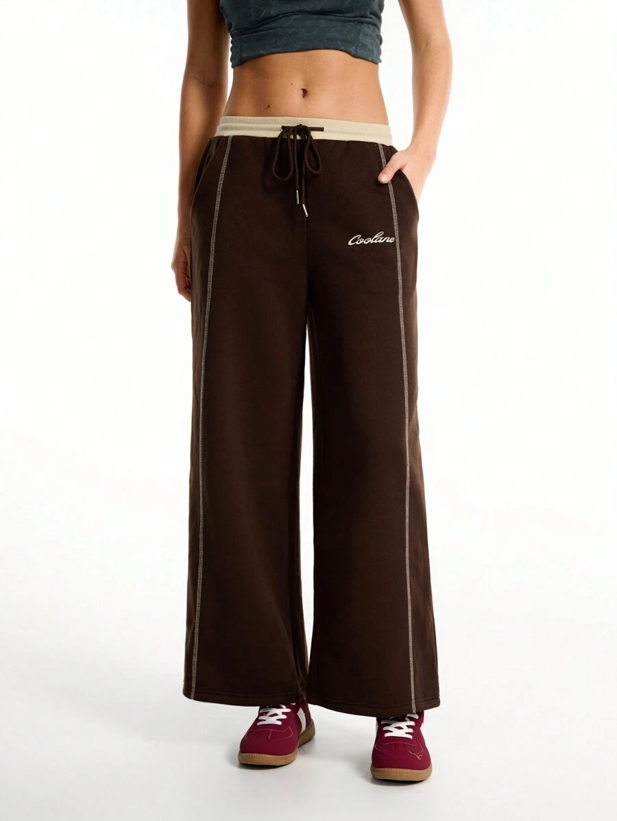 SHEIN EZwear Women's Spring/Summer Back To School Game Day Knit Contrast Piping Comfortable Brown Straight Leg Wide Leg Sweatpants