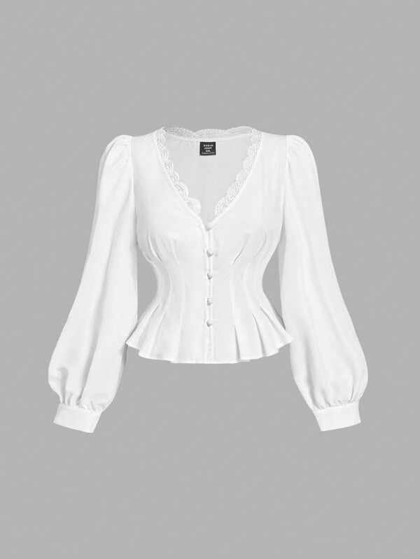 SHEIN MOD Plus Size White Vintage Elegant Lace Trim Open Front Shirt