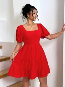 Celure Vestido rojo de talla grande para mujer con escote cuadrado, mangas cortas y nudo en la espalda, elegante y tejido - Rojo - Ver 5
